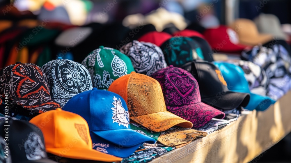 Poster a vibrant collection of patterned caps in different colors is arranged neatly on a market stall unde