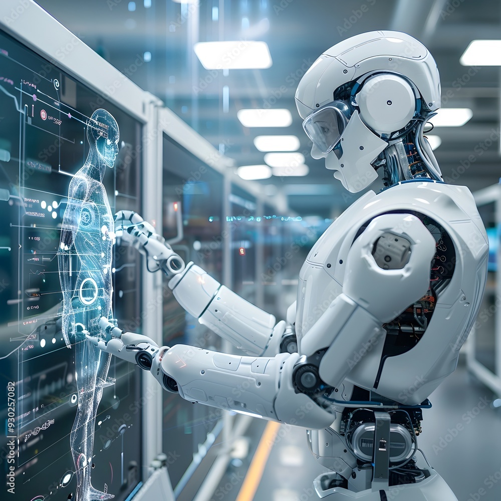 Poster ai driven research facility with robots and scientists collaborating on innovative projects