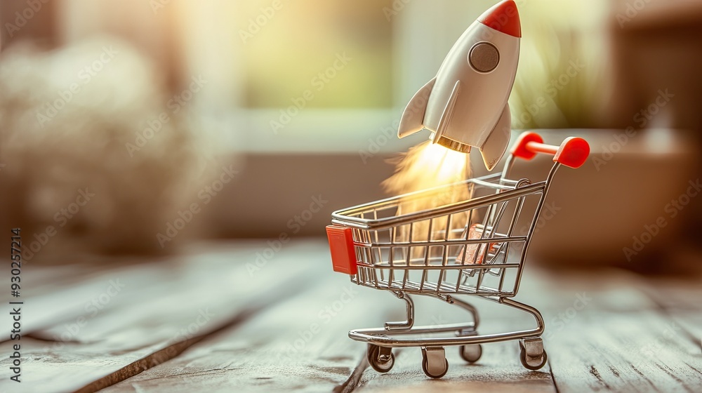 Poster a shopping cart with a rocket taking off, representing the speed and efficiency of e-commerce delive