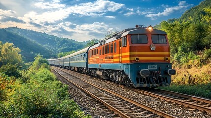 Obraz premium Powerful Diesel Locomotive Chugging Through Countryside Landscape