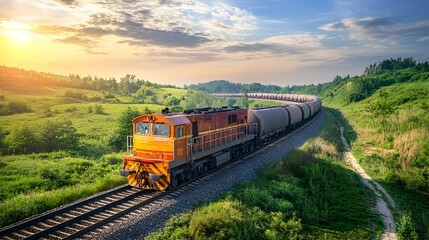 Obraz premium Diesel locomotive chugging through idyllic countryside landscape on railway journey