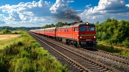 Obraz premium Diesel Locomotive Chugging Through Picturesque Countryside Landscape