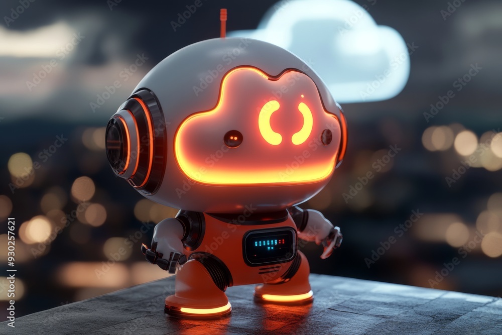 Poster cheerful robot with a glowing brain embodying the fusion of happiness and advanced cognitive functio