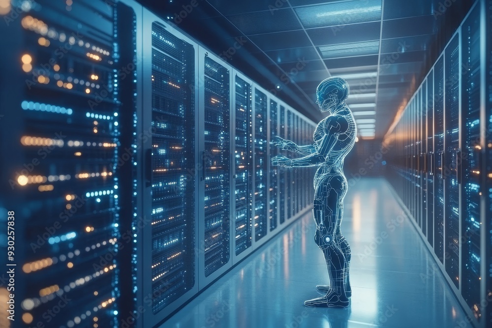 Poster futuristic figure walking through a digital corridor exploring the intersection of virtual reality a