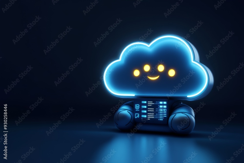Poster autonomous cloud robot navigating through a digital landscape showcasing mobile cloud technology