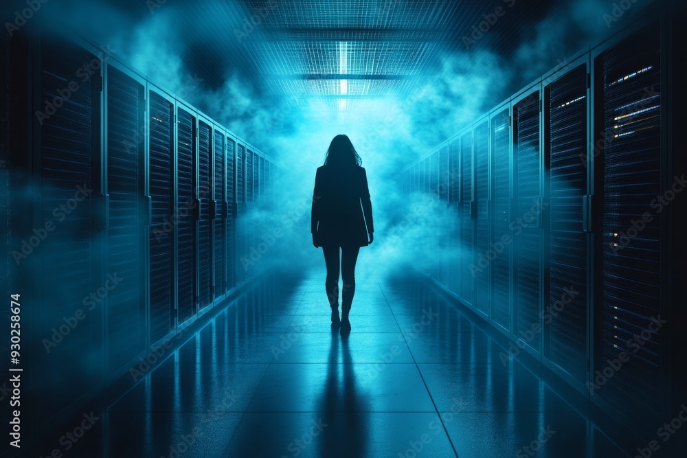 Poster lone figure in a server room corridor exploring the solitude of digital spaces