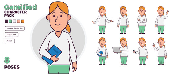 Simple flat gamified female vector character in a set of multiple poses. Easy to edit and isolated on a white background. Modern trendy style character pack with lots of poses.	
