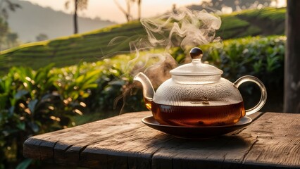 A teapot nestled among green tea leaves in a lush plantation, perfect for a hot morning drink, showcasing a travel concept.