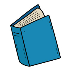 Hand drawn cartoon blue closed book on white background.
