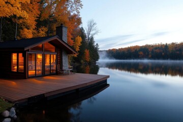 Fototapeta premium Serene cabin by a calm lake with autumn foliage, perfect for relaxation and nature lovers seeking tranquility.