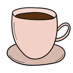 Hand drawn cartoon coffee cup and saucer on white background.