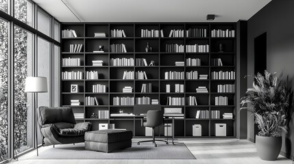 Minimalist Monochrome Bookshelf Wall in Sleek Home Office Decor