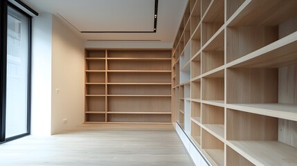 Obraz premium Minimalist Blank Bookshelf Wall with Hidden Compartments for Smart,Sleek Interior Design