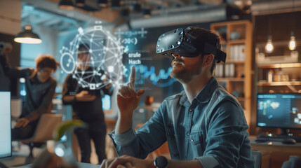 Startup team working in a co-working space with advanced tech gadgets, digital whiteboards, and VR headsets, highlighting innovation