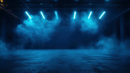 Fototapeta premium A dark empty street, dark blue background, an empty dark scene, neon light, spotlights The asphalt floor and studio room with smoke float up the interior texture. night view , ai