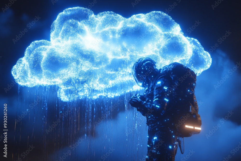 Poster ethereal cloud formation above a digital landscape symbolizing the integration of cloud computing wi