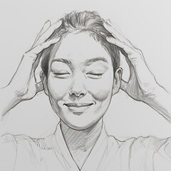 A sketch of a woman smiling while gently massaging her head, conveying relaxation and mindfulness.