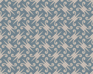 Vector seamless illustration depicting an intricate ornate pattern in baroque style. Repeating floral motifs in beige on a blue background. Elegant and sophisticated, evoking a sense of wealth