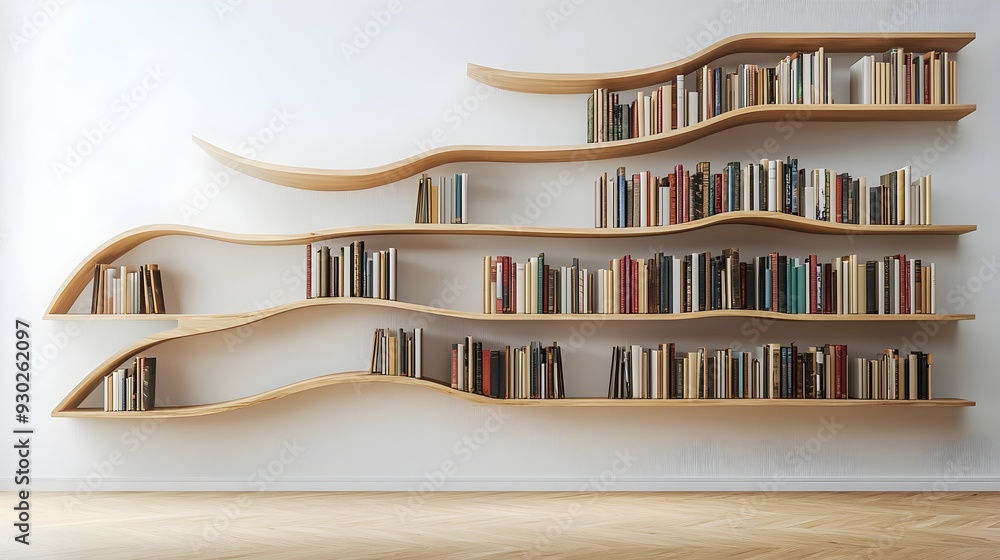 Aufkleber asymmetrical bookshelf wall in creative workspace with dynamic minimalist design