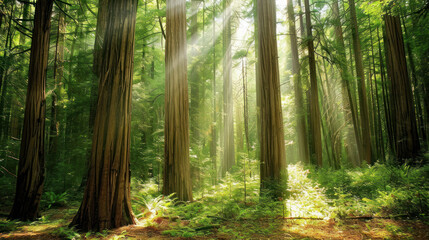 Fototapeta premium Serene forest with sunlight filtering through tall trees, creating a tranquil natural environment