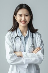 Young woman doctor in white coat, arms crossed, smiling with stethoscope, grey background.