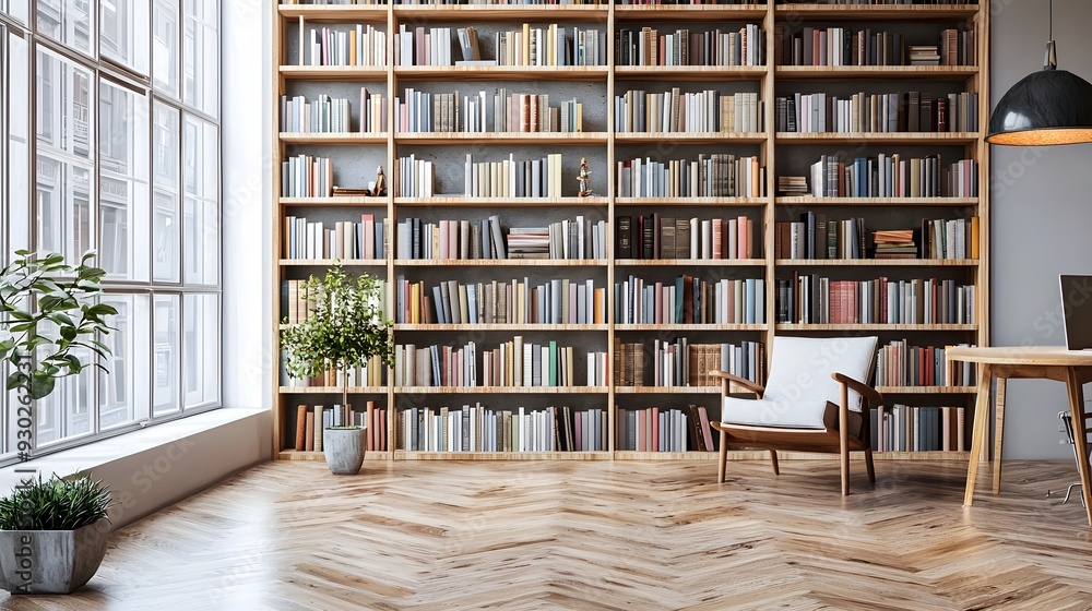 Poster asymmetrical bookshelf wall in a creative workspace with dynamic design and creative minimalism