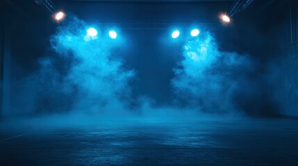 A dark empty street, dark blue background, an empty dark scene, neon light, spotlights The asphalt floor and studio room with smoke float up the interior texture. night view , ai