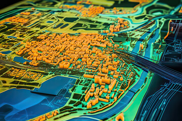 Obraz premium Technical aerial visual, 3D LiDAR GIS aerial map satellite scan model isolated, showing Woodbridge, New Jersey. Elevation, topography, render