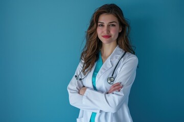 Young woman doctor in white coat, arms crossed, smiling with stethoscope, grey background.