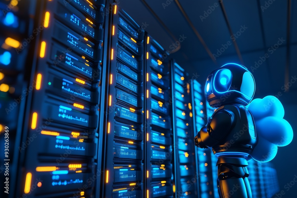 Poster blue cloud character in a vibrant server room adding a touch of whimsy to the serious world of data 