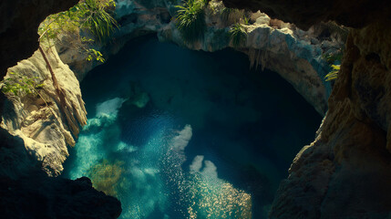Fototapeta premium mysterious cenote, uncharted cave, adventure destination, perfect travel wallpaper