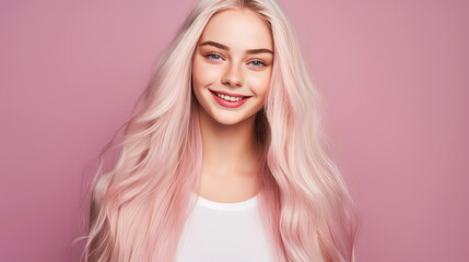 Naklejka premium Portrait of a smiling cheerful blond teenage girl with long white hair and perfect skin, pink background, banner.