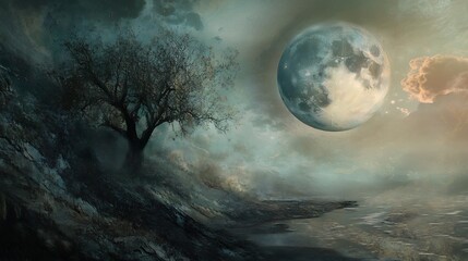 A Mystical Landscape Under a Giant Moon