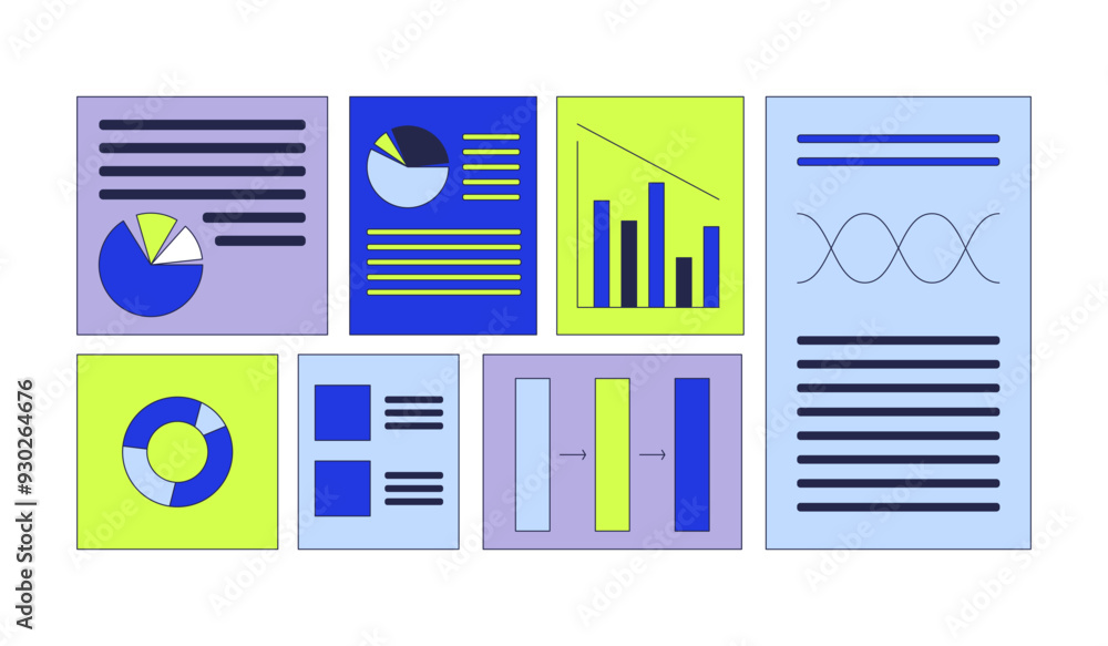 Poster business analysis reports 2d cartoon objects set. graphs charts papers isolated flat vector elements