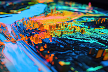 Obraz premium Technical aerial visual, 3D LiDAR GIS aerial map satellite scan model isolated, showing Yonkers, New York. Elevation, topography, render