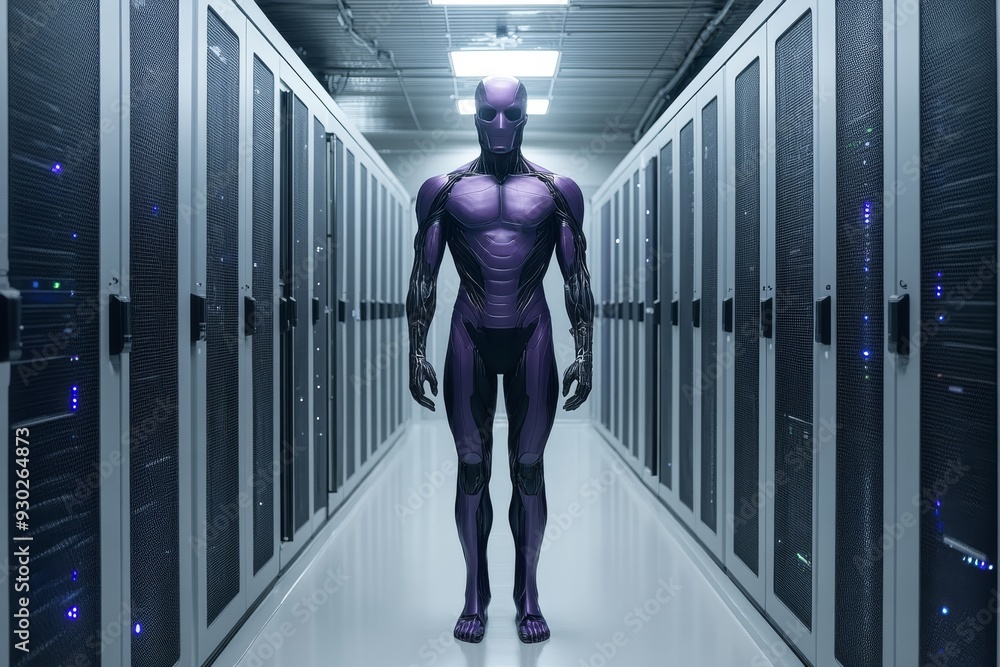 Poster humanoid robot walking through a futuristic corridor exploring the capabilities of autonomous naviga