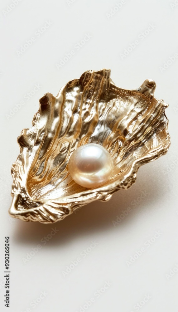 Poster elegant golden shell with a pearl resting inside on a soft, neutral background