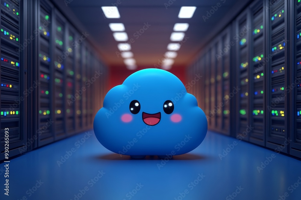 Poster playful cloud character in server room humanizing cloud computing technologies