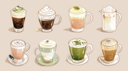 Variety of coffee and tea drinks including mocha, green tea, hot chocolate, black coffee, matcha, cappuccino, and flat white, in a stylish set