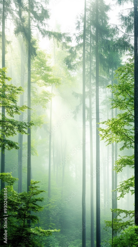 Poster a misty forest in the early morning, with tall trees and soft light filtering through the fog, creat