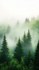 Fototapeta premium A misty forest in the early morning, with tall trees and soft light filtering through the fog, creating a mystical and serene natural environment