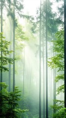 Obraz premium A misty forest in the early morning, with tall trees and soft light filtering through the fog, creating a mystical and serene natural environment