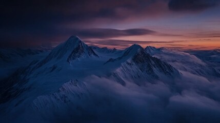 A high-angle shot of snowy mountains covered with clouds during a dark evening , ai