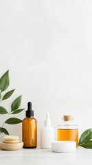 A minimalist bathroom counter with a selection of plant-based skincare products, such as oils, creams, and serums, arranged aesthetically alongside fresh leaves and herbs