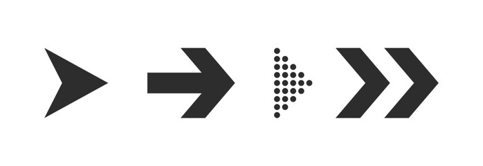 Arrow Flat Style Icon Collection. Set Of 4 Black Arrows Pointers In Right Direction. Modern Cursor Elements For Web User Interface