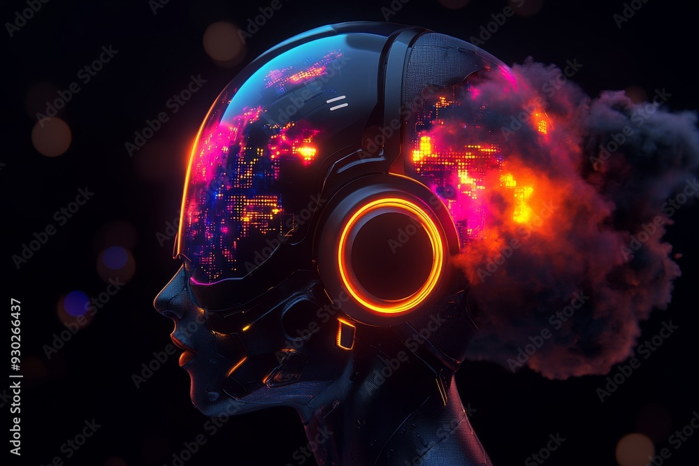 Poster advanced robotic head with glowing features illustrating the sophistication of modern robotics