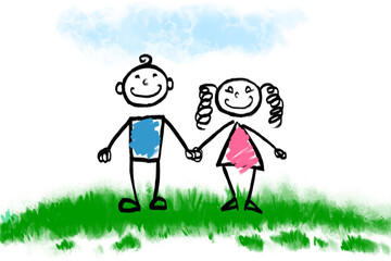 Family on picnic with on a green lawn children's drawing doodle.