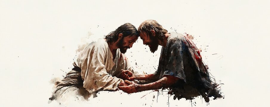 Jesus curing a leper, touching scene in watercolor, compassion and faith intertwined