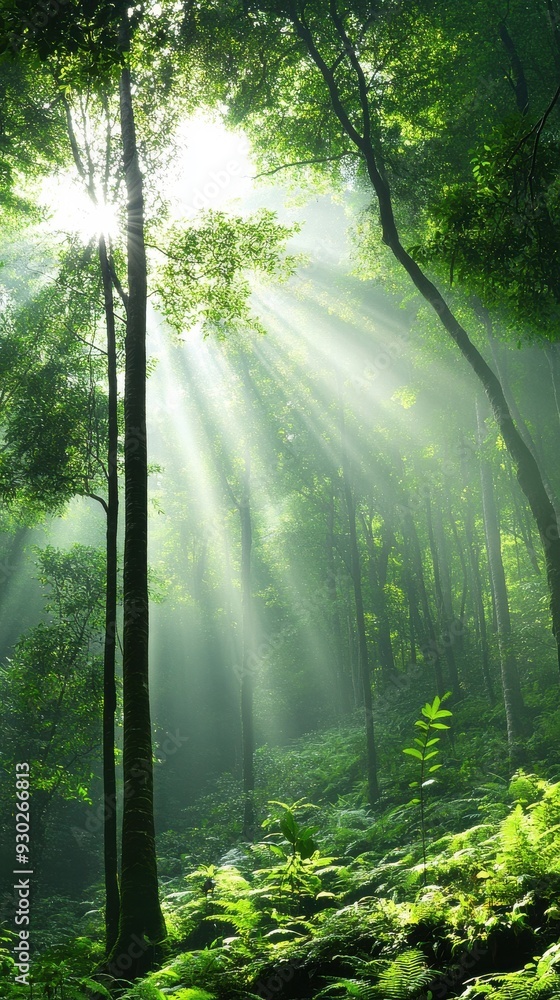Aufkleber a lush forest with sunlight filtering through the trees, creating a peaceful and serene environment