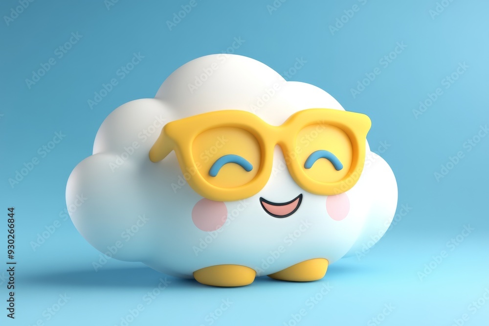 Poster cheerful cloud character floating in a clear sky embodying the light hearted side of cloud computing